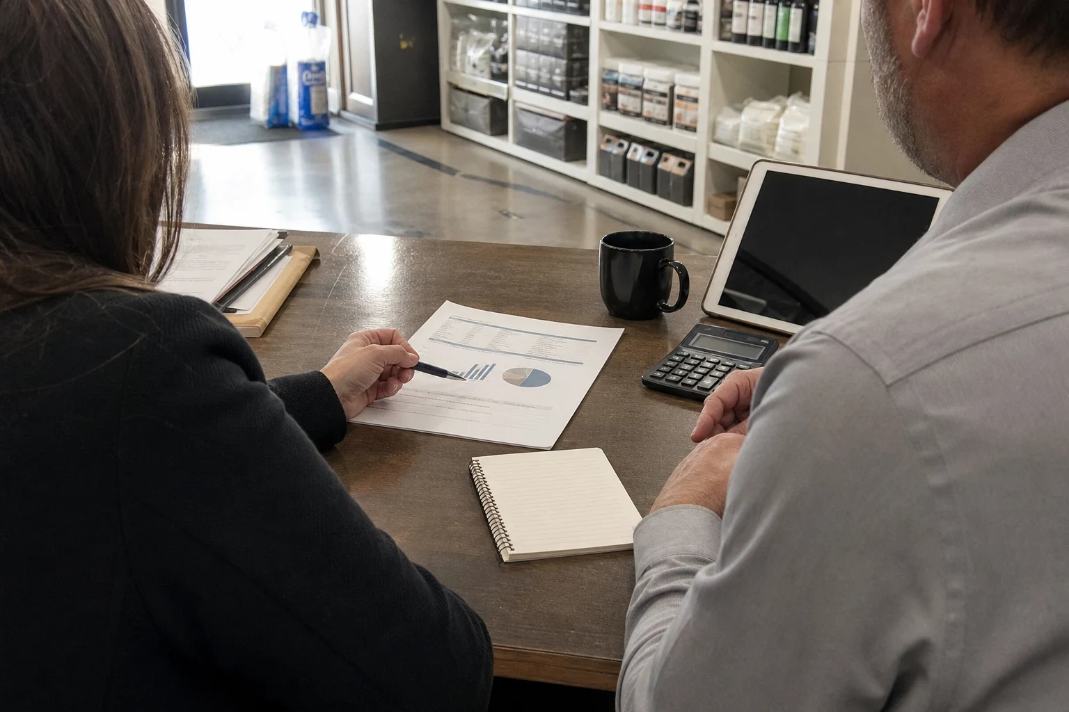 Two people seen from behind at a wooden table in a small shop, reviewing a printed chart with a pen beside a notepad, calculator, tablet and mug, stocked shelves behind